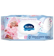 Салфетки влажные детские 100 шт., AURA Ultra Сomfort, гипоаллергенные, 0+, крышка клапан, 14588