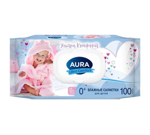 Салфетки влажные детские 100 шт., AURA Ultra Сomfort, гипоаллергенные, 0+, крышка клапан, 14588