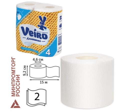 Бумага туалетная бытовая, спайка 4 шт., 2-х слойная (4х15 м), VEIRO 