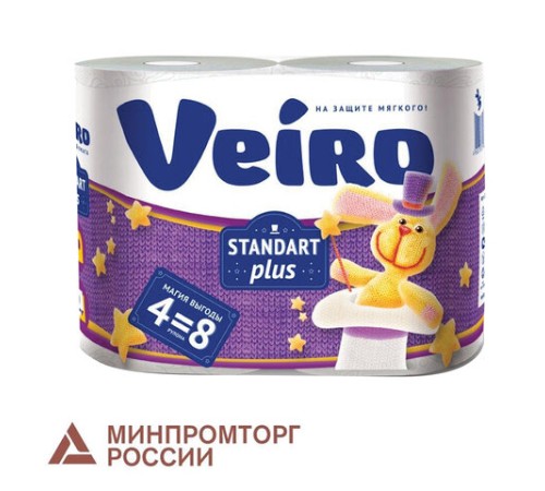 Бумага туалетная бытовая, спайка 4 шт., 2-х слойная (4х30 м), VEIRO Standart Plus, белая, 3с24