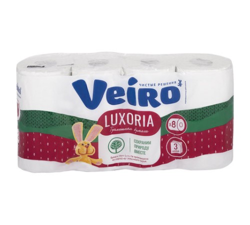 Бумага туалетная бытовая, спайка 8 шт., 3-х слойная (8х17 м), VEIRO Luxoria, белая, 5с38