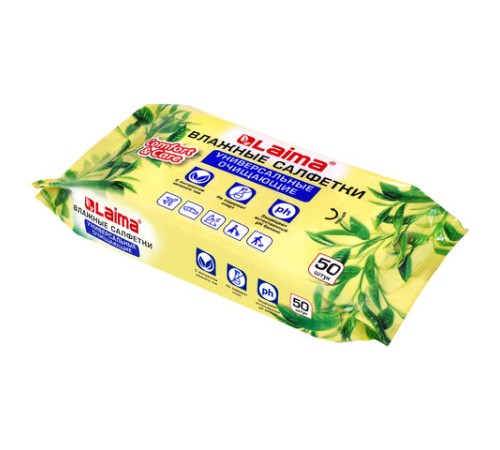Салфетки влажные 50 шт., УНИВЕРСАЛЬНЫЕ, очищающие для всей семьи, экстракт зеленого чая, LAIMA,128077