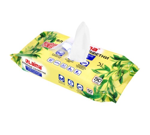 Салфетки влажные 50 шт., УНИВЕРСАЛЬНЫЕ, очищающие для всей семьи, экстракт зеленого чая, LAIMA,128077