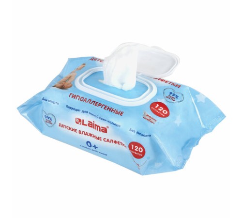 Салфетки влажные детские 120 шт., универсальные, 0+, с пластиковым клапаном, LAIMA Kids, 128079
