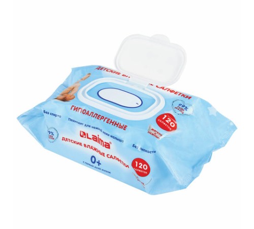 Салфетки влажные детские 120 шт., универсальные, 0+, с пластиковым клапаном, LAIMA Kids, 128079