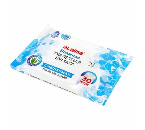 Бумага туалетная влажная смываемая, 30 шт., БИОРАЗЛАГАЕМАЯ, с экстрактом алоэ вера, LAIMA, 128082