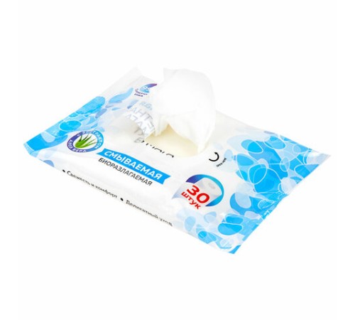 Бумага туалетная влажная смываемая, 30 шт., БИОРАЗЛАГАЕМАЯ, с экстрактом алоэ вера, LAIMA, 128082