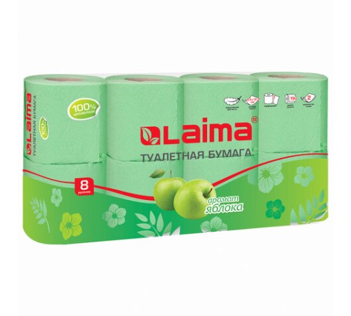 Бумага туалетная бытовая, спайка 8 шт., 2-х слойная, (8х19 м), LAIMA, аромат яблока, 128723
