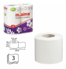 Бумага туалетная бытовая, спайка 4 шт., 3-х слойная, (4х18 м), LAIMA, белая, 128724