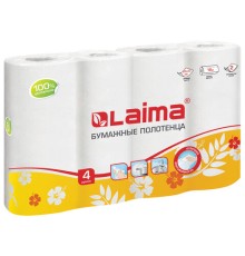 Полотенца бумажные бытовые, спайка 4 шт., 2-х слойные, (4х18 м), LAIMA, 22х23 см, белые, 128725