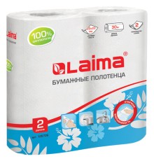 Полотенца бумажные бытовые, спайка 2 шт., 2-х слойные, (2х30 м), LAIMA, 22х23 см, белые, 128726