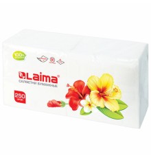 Салфетки бумажные 250 штук, 24х24 см, LAIMA, белые, 100% целлюлоза, 128728