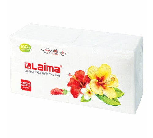 Салфетки бумажные 250 штук, 24х24 см, LAIMA, белые, 100% целлюлоза, 128728