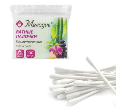 Ватные палочки КОМПЛЕКТ 100 шт., МЕЛОДИЯ, полиэтиленовый пакет, 128854