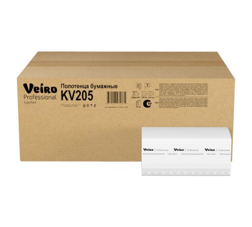 Полотенца бумажные 200 шт., VEIRO (Система H3) COMFORT, 2-слойные, белые, КОМПЛЕКТ 20 пачек, 21х21,6, V-сложение, KV205