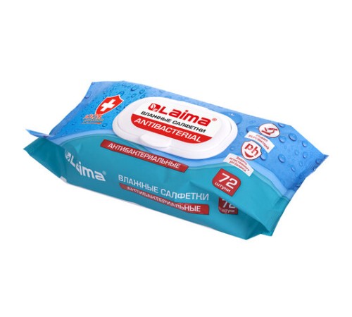 Салфетки влажные 72 шт., АНТИБАКТЕРИАЛЬНЫЕ с пластиковым клапаном, LAIMA 