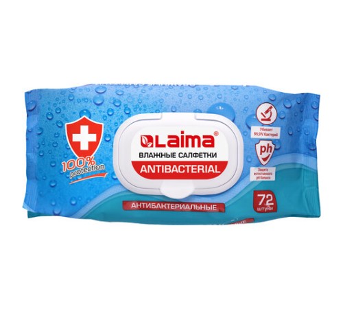 Салфетки влажные 72 шт., АНТИБАКТЕРИАЛЬНЫЕ с пластиковым клапаном, LAIMA 