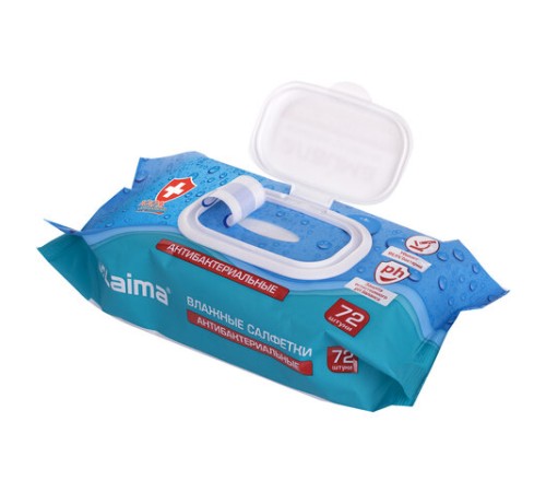 Салфетки влажные 72 шт., АНТИБАКТЕРИАЛЬНЫЕ с пластиковым клапаном, LAIMA 
