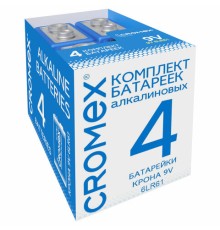 Батарейки алкалиновые КОМПЛЕКТ 4 шт., CROMEX (КРОМЕКС) Alkaline, Крона 9V (6LR61, 6LF22, 1604A), короб, 456453