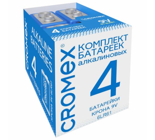 Батарейки алкалиновые КОМПЛЕКТ 4 шт., CROMEX (КРОМЕКС) Alkaline, Крона 9V (6LR61, 6LF22, 1604A), короб, 456453