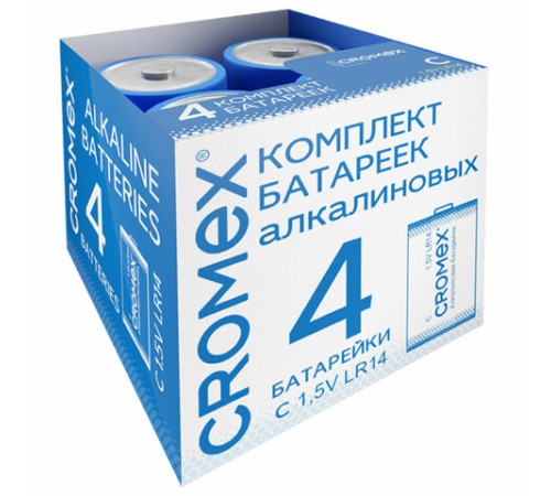 Батарейки алкалиновые КОМПЛЕКТ 4 шт., CROMEX (КРОМЕКС) Alkaline, C (LR14, 14А), короб, 456455