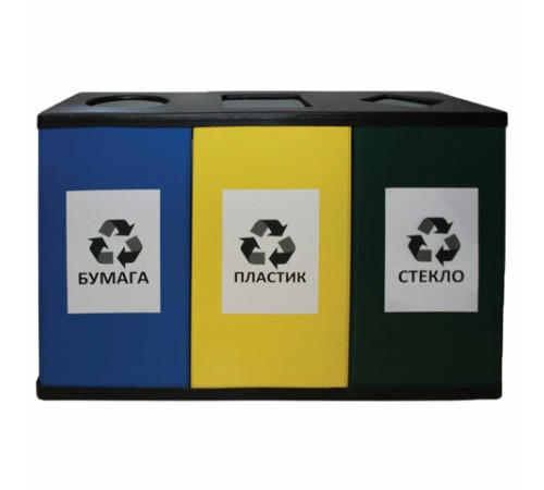 Урна металлическая для раздельного сбора мусора, 700х1065х360 мм, 3 бака по 80 литров, оцинкованная сталь/прочный термостойкий пластик, 450