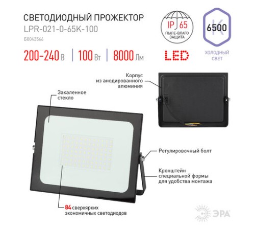 Прожектор светодиодный ЭРА, 100 (830) Вт, 6500 К, 8000 Лм, IP65, черный, LPR-023-0-65K-100, Б0052026