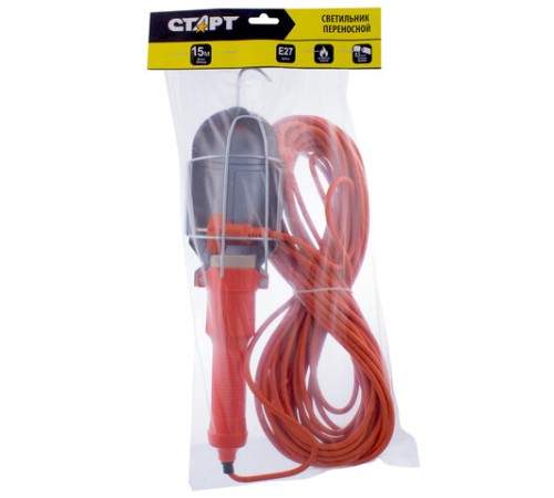 Светильник фонарь переноска СТАРТ, ударопрочный, провод 15 м, от сети, цоколь E27, CLB 101-15M, 14067