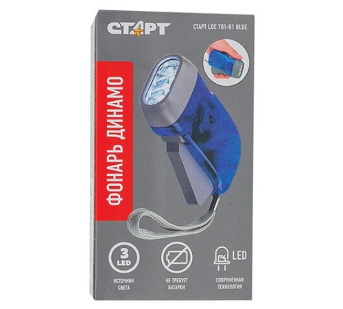 Динамо-фонарь аккумуляторный СТАРТ 3хLED, заряд от движения рычагом, LDE 701-B1, 12251