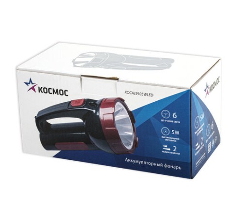 Фонарь аккумуляторный КОСМОС 5 Вт LED, выдвижная вилка, заряд от сети, KOCAc9105WLED