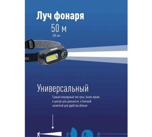 Фонарь налобный аккумуляторный КОСМОС, 3 Вт, LED + 3 Вт, СОВ, Li-ion, заряд от USB, KocH3WDLith