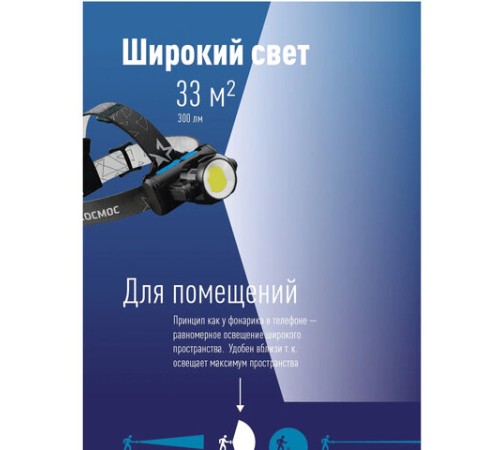 Фонарь налобный аккумуляторный КОСМОС, 5 Вт, COB, Li-ion, 3 режима, заряд от USB, KOCH5WLi-On