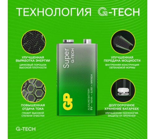 Батарейка 1 шт., GP Super G-Tech, Крона (6LR61, 6LF22, 1604A), алкалиновая, в пленке, 1604A-5S1 Батарейка 1 шт., GP Super G-Tech, Крона (6LR61, 6LF22, 1604A), алкалиновая, в пленке, 1604A-5S1