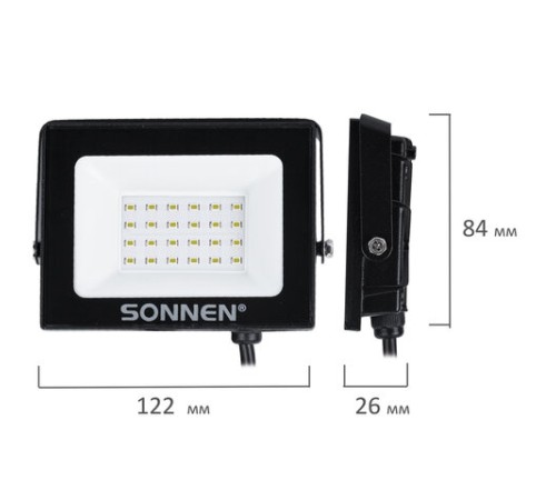 Прожектор светодиодный 20 Вт, 6500 К, 1600 Лм, 20 м2, IP65, 122x84x26 мм, черный, SONNEN, 238412