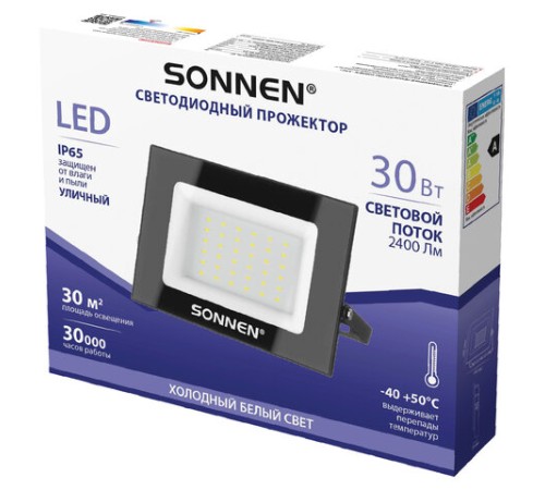 Прожектор светодиодный 30 Вт, 6500 К, 2400 Лм, 30 м2, IP65, 146x98x26 мм, черный, SONNEN, 238413