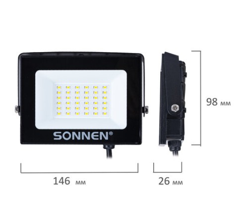 Прожектор светодиодный 30 Вт, 6500 К, 2400 Лм, 30 м2, IP65, 146x98x26 мм, черный, SONNEN, 238413