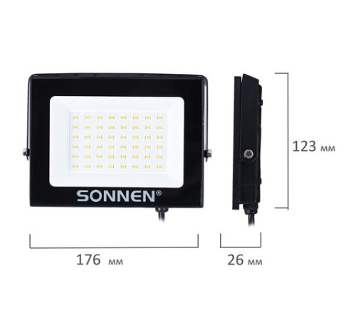 Прожектор светодиодный 50 Вт, 6500 К, 4000 Лм, 50 м2, IP65, 176x123x26 мм, черный, SONNEN, 238414