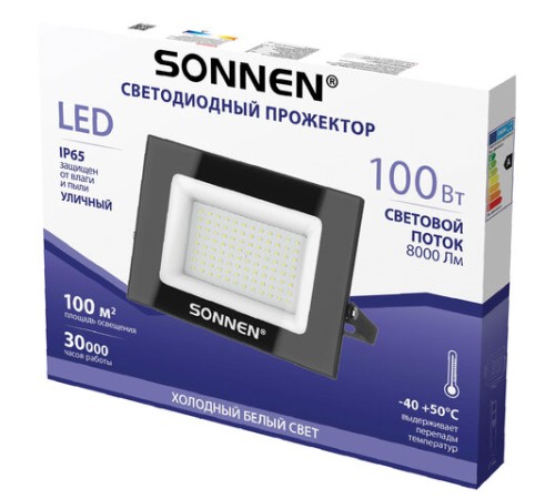 Прожектор светодиодный 100 Вт, 6500 К, 8000 Лм, 100 м2, IP65, 250x178x27 мм, черный, SONNEN, 238415