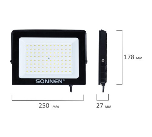 Прожектор светодиодный 100 Вт, 6500 К, 8000 Лм, 100 м2, IP65, 250x178x27 мм, черный, SONNEN, 238415