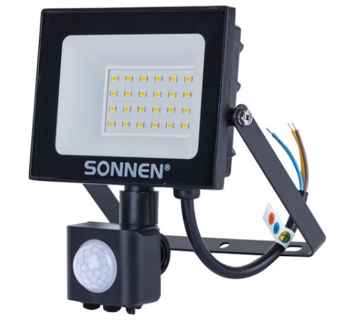 Прожектор светодиодный с датчиком движения 20 Вт, 6500 К, 1600 Лм, 20 м2, IP65, 122х146х51 мм, черный, SONNEN, 238416