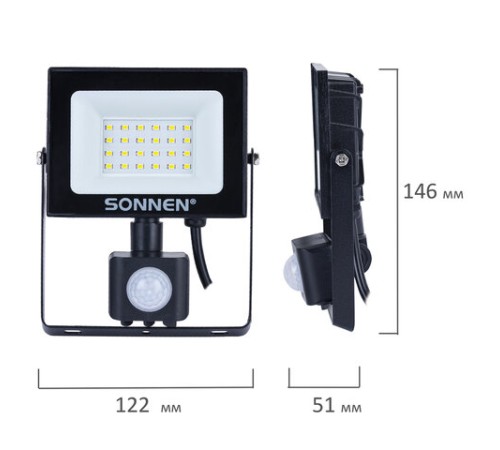Прожектор светодиодный с датчиком движения 20 Вт, 6500 К, 1600 Лм, 20 м2, IP65, 122х146х51 мм, черный, SONNEN, 238416