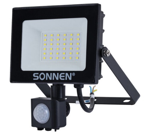 Прожектор светодиодный с датчиком движения 30 Вт, 6500 К, 2400 Лм, 30 м2, IP65, 161х146х51 мм, черный, SONNEN, 238417