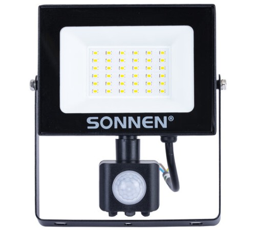 Прожектор светодиодный с датчиком движения 30 Вт, 6500 К, 2400 Лм, 30 м2, IP65, 161х146х51 мм, черный, SONNEN, 238417