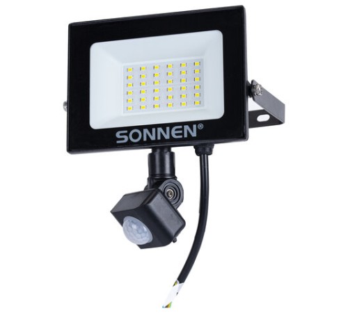 Прожектор светодиодный с датчиком движения 30 Вт, 6500 К, 2400 Лм, 30 м2, IP65, 161х146х51 мм, черный, SONNEN, 238417