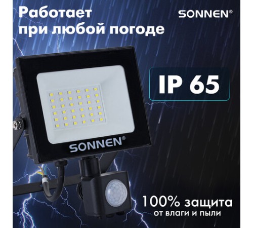 Прожектор светодиодный с датчиком движения 30 Вт, 6500 К, 2400 Лм, 30 м2, IP65, 161х146х51 мм, черный, SONNEN, 238417