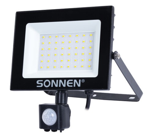 Прожектор светодиодный с датчиком движения 50 Вт, 6500 К, 4000 Лм, 50 м2, IP65, 187х176х51 мм, черный, SONNEN, 238418