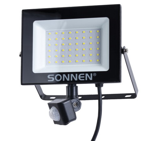 Прожектор светодиодный с датчиком движения 50 Вт, 6500 К, 4000 Лм, 50 м2, IP65, 187х176х51 мм, черный, SONNEN, 238418
