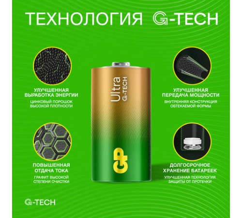 Батарейки КОМПЛЕКТ 2 шт., GP Ultra G-Tech, С (LR14, 14А), алкалиновые, блистер, 14AU-2CR2