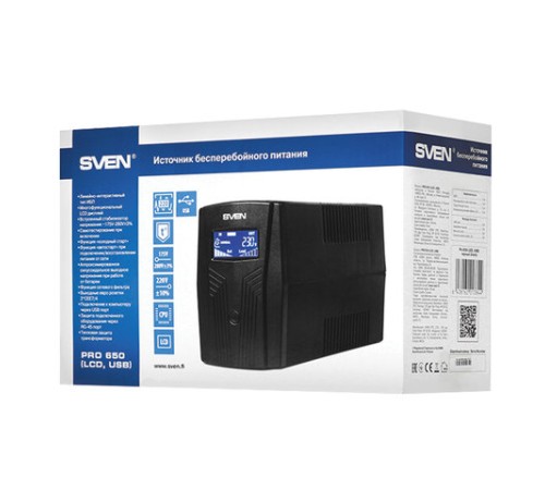 Источник бесперебойного питания SVEN Pro 650, 650VA (390W), 2 евророзетки, 2 розетки RJ45, SV-013844