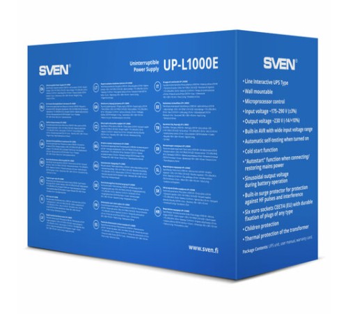 Источник бесперебойного питания SVEN UP-L1000E, 510VA (290 W), 6 евророзеток, SV-016593